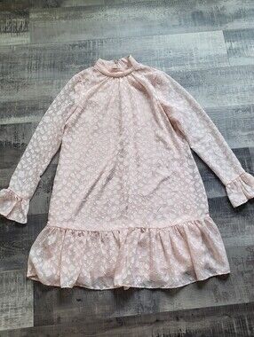 Calvin Klein Blush Pink Long Sleeve Mock Neck Dress Size Small Chiffon Ruffle